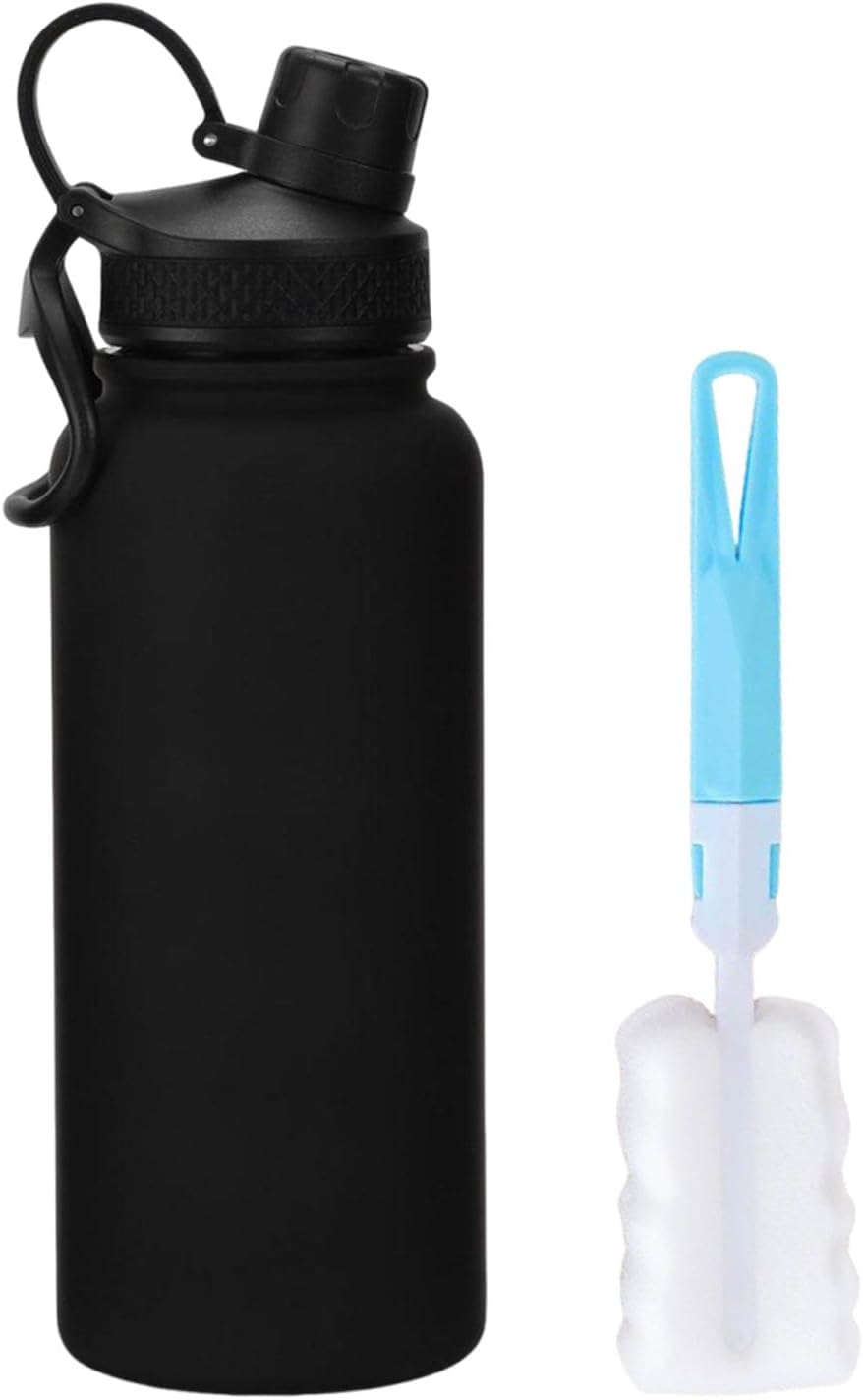 Insulated Water Bottle with Mug Brush, Steel Water Bottle, Leak-Proof, BPA-Free, Double Wall Vacuum Keeps Cold for 24 Hours for Sports, Travel (32 oz, Black)