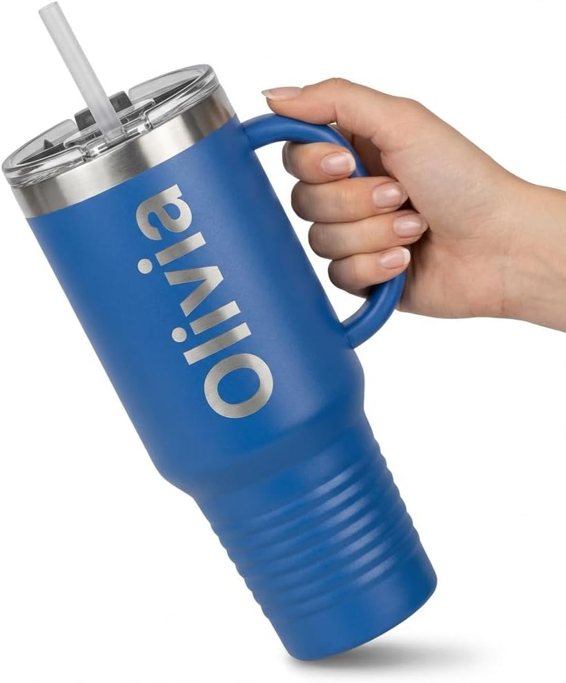 Personalized 40 Oz Tumbler with Handle and Straw, Custom Etched with Names | Stainless Steel | Travel Coffee Tumbler | Customized Laser Engraved - Image 9