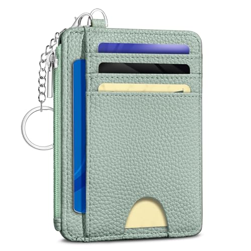 Image of Kelvoris Green Credit Card Holder Small Wallet Women, Minimalist Slim RFID | Keychain, Zipper Coin Pocket, Front Pocket Thin Travel Card Case, Minimalist, 6 Card Slots, 1 ID Window, Ladies Gifts Woman