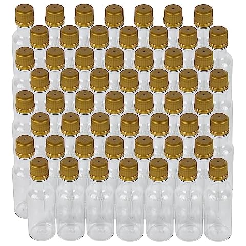 PELLAH GOODS 50 ml (1.7 Oz.) 120 Pack Round PET Clear Small Plastic Bottle with Tamper Evident Caps, Food Grade for Liquor, Wellness Shots, Sauce (Gold Lids) Cover