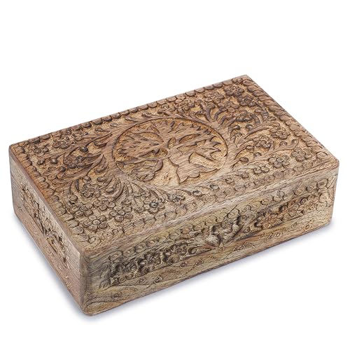 Ajuny Handgeschnitzte dekorative Holzkiste mit Lebensbaum-Schnitzereien, vielseitig verwendbar als Schmuck-Aufbewahrungsbox, Trinket-Halter oder Uhrenbox, ideal für Geschenke