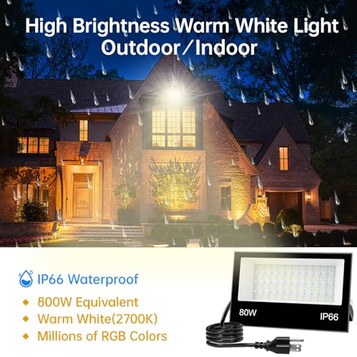 Remon LED Flood Light Outdoor 800W Equivalent 8000LM Smart RGB Landscape Lighting with APP Control, DIY Scenes - Timing - Warm White 2700K - Color Changing Uplight, IP66 Waterproof, 43 Modes (2 Pack) — view 2