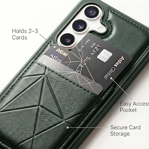 Image of amazon basics Premium Vegan Leather Back Cover with Card Holder and Integrated Mobile Stand for Samsung Galaxy S24FE 5G - Slim Shockproof Wallet Case with Geometric Stitching [Green]