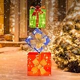 3D Christmas Lighted Gift Boxes, Outdoor IP65 Waterproof 80 LEDs Colorful Stackable Christmas Decorations with Bow Timer Set of 3 Warm White Xmas Lights Decor for Yard Lawn Holiday Home Indoor -32inch
