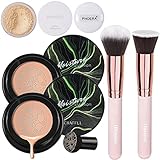 Mushroom Head Air Cushion CC Cream Natural Foundation,Phoera Powder, Bright Makeup Base Long Lasting with Makeup Sponge and Flat Top Kabuki Foundation Brush (#05 Sand)
