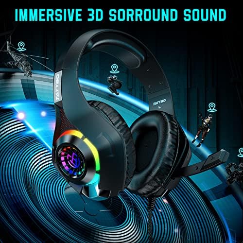Tatybo Gaming Headset for PS4 PS5 Switch Xbox One PC with RGB Light, Noise Canceling Mic, Surround Sound Gaming Headphones