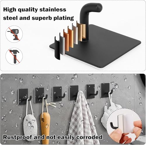Image of 6 PCS Self Adhesive Wall Hooks | Heavy Duty Stainless Steel Waterproof Hooks for Wall Without Drilling | Multipurpose Towel, Bathroom, Kitchen (Stainless Steel Hook Sticker - Black Pack of 6)