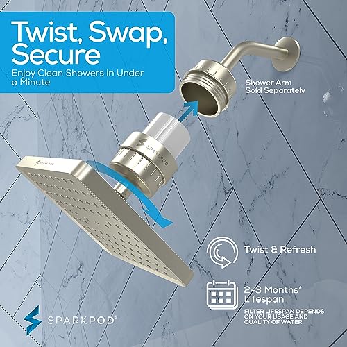 Image of SparkPod Filtered Shower Head, 23-Stage, 8 inch Square, Brushed Nickel | Showerhead for Hard Water, High Pressure, Reduces Chlorine, Heavy Metals, For Dry Skin & Hair, Removable Capsule Filter