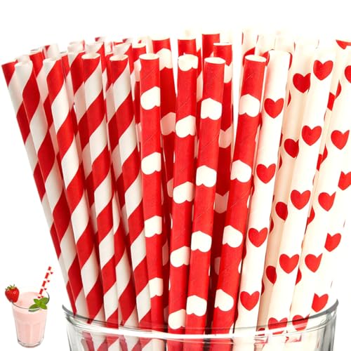 JRYXDS Lot De 100 Pailles En Papier,Rouge Blanc Cœur Rayures Pailles Carton Jetables Pour Fêtes, Anniversaires, Saint-Valentin, Mariages, Cocktails (Ø6 X 197Mm)