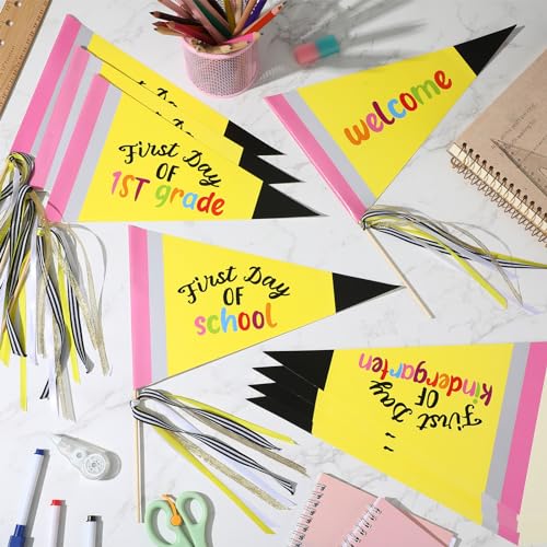 Gilprop 10 Pcs First Day of School Flag DIY 2026 Back to School Pennant First Day of Preschool Sign with Ribbons Make Your Own Photo Prop for School Classroom Decoration, Yellow by Gilprop - Image 3