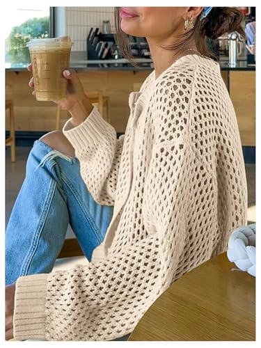 GORGLITTER Women's Crochet Cardigans Hollow Out Button Down Long Sleeve Boho Knit Sweater3