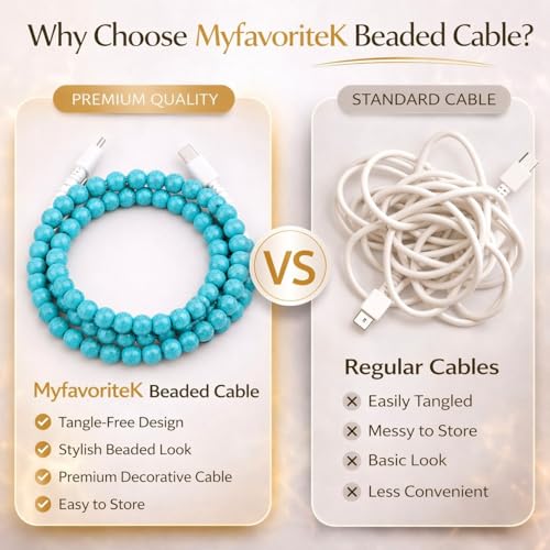 Image of Stylish Beaded Phone Charger Cable Colors USB Charging Cord for Smartphones (4-1, Turquoise, 6.6ft)