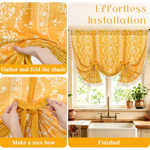 Image of Yinhua Boho Tie Up Curtains for Windows Vintage Linen Valance Light Filtering Floral Valance Rod Pocket Rustic Adjustable Tassel Window Valances for Bathroom, 42 inch W X 45 inch L, Yellow