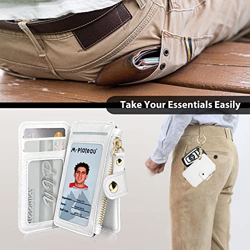 M-Plateau Off White Keychain Wallet, Wallet Women With Circle Coin Purse Keychain And Zipper Card Case,Trifold Leather Wallet With Id Window Gift For Women (White) #TOP2