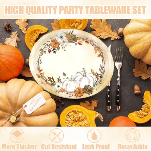Image of White Pumpkin Paper Plates and Napkins Serve 50, Boho Oval Fall Plates 10 inch x 12 inch with 6.5 inch Napkins Floral Autumn Tableware Fall Party Decorations for Birthday Baby Shower Bridal Shower Thanksgiving