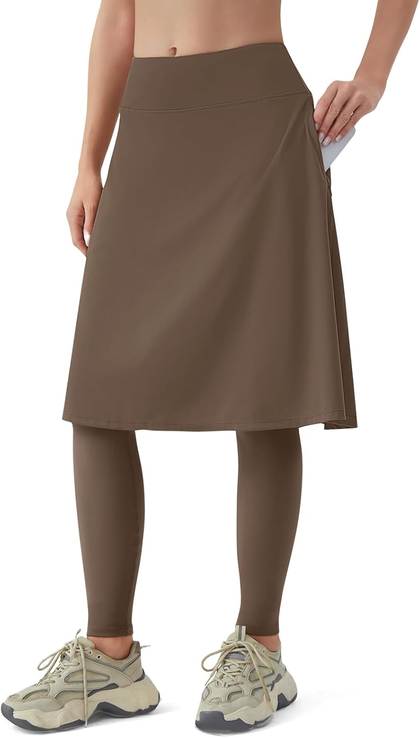 ANIVIVO Women Long Knee Length Skirt with Full Leggings,Skirted Leggings with High Waisted Pockets