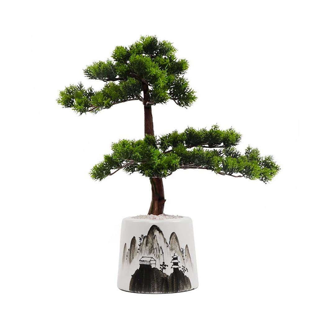 MYUYEE Tree Fake Plant Artificial Bonsai Tree Yingbin Pine Potted Plant Chinese Landscape Painting Ceramic Flowerpot Carved Wooden Roots Realistic Green Plants In The Office Potted T