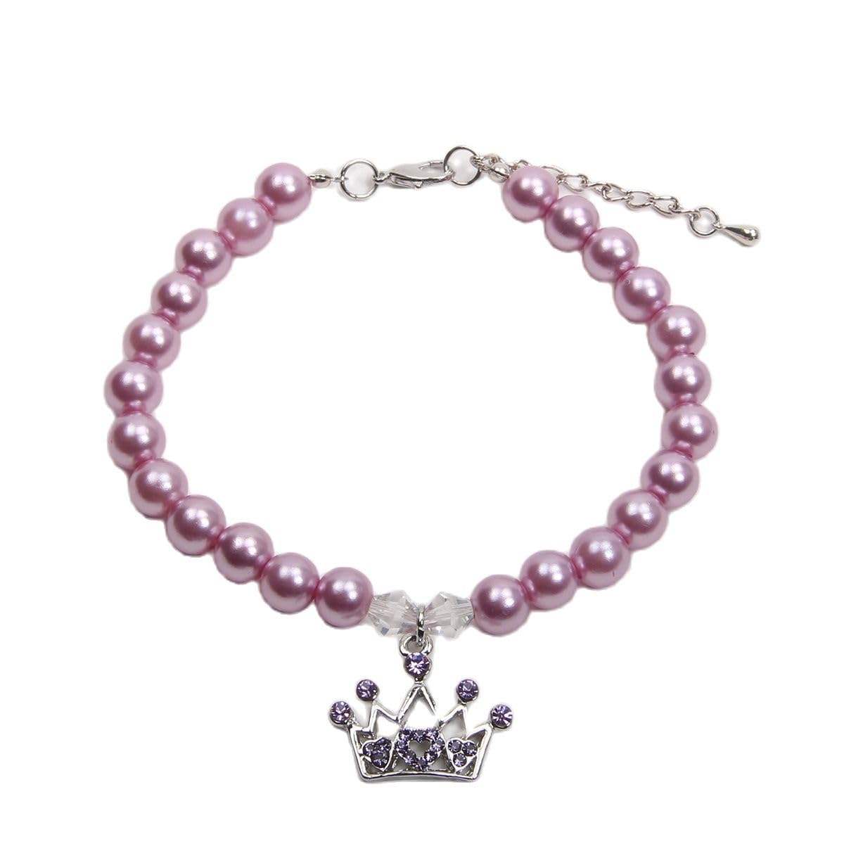 XKSRWE Dog Cat Pearls Necklace Collar with Rhinestones Crown Charm Pendant Pet Puppy Jewelry (S, Purple)