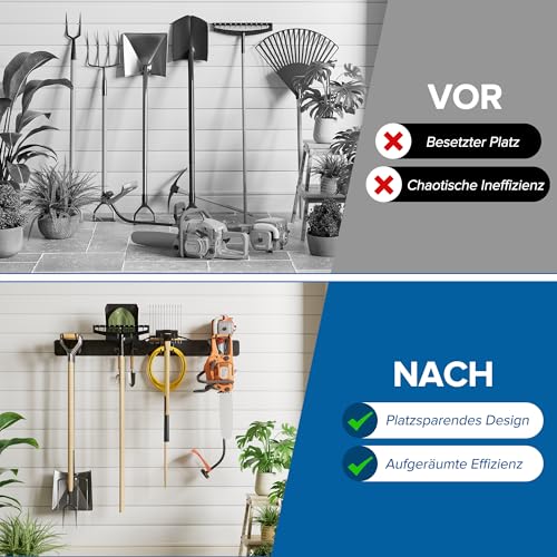 Urban Deco Gartengerätehalter Wandhalterung 150kg Tragkraft mit 4 Doppelhaken & 2 Paneelen – Pulverbeschichtetes Rostbeständiges Metall für Gartenwerkzeug, Besen, Schaufeln in Garage, Garten, Keller