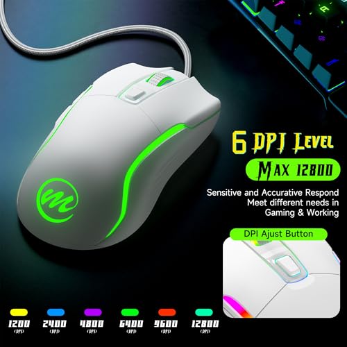 Image of memzuoix Wired Gaming Mouse with RGB - 6 Adjustable DPI up to 12800, 6 Buttons, 12 Lighting Modes, Ergonomic Design with Anti-Slip Rubber Wheel, 5.6ft Braided Cable for PC /Mac /Windows - White