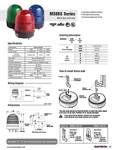 Ms86S-S00-Y, Beacon Strobe Light, 86Mm Yellow Lens, Stud Mount, Xenon Bulb, 12-24V Ac/Dc 3W, Ip65 #TOP1