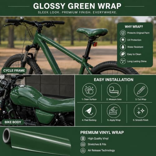 Image of WISDOM Olive Green Glossy Vehicle Wrap Vinyl High Gloss Finish Easy Apply Air-Release Weatherproof DIY Car & Motorcycle Wrap (Olive Green Glossy, 20 Inch X 12 Feet)