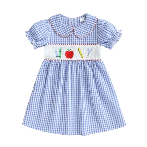 Little Girl Back to School Outfit Apple Short Sleeve Plaid Dress First Day of School Class Clothes