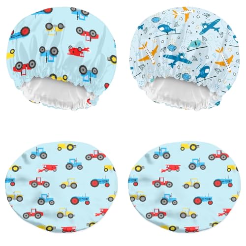 Babrukda 2Pcs Kids Satin Sleeping Cap for Curly Natural Hair Children Bonnet Night Hat with Elastic Band Beanie Photo Props Decoration for Girls Boys, Cars and Airplane Print3