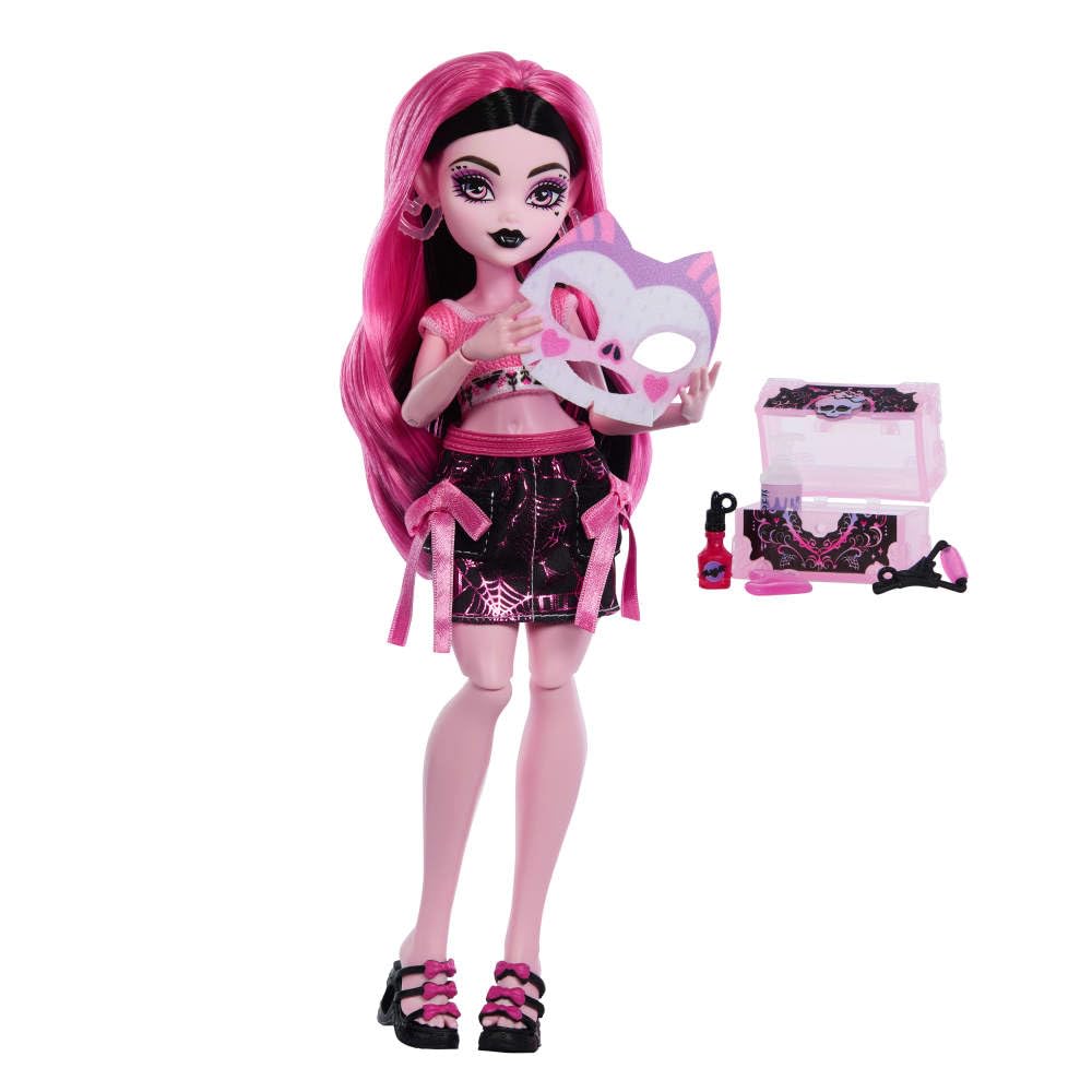 Monster High Straszyrelaks self-care Draculaura Zestaw, lalka + akcesoria-niespodzianki, w tym wałek do twarzy i personalizowana tablica, zabawka dla dzieci 4+, JHK43