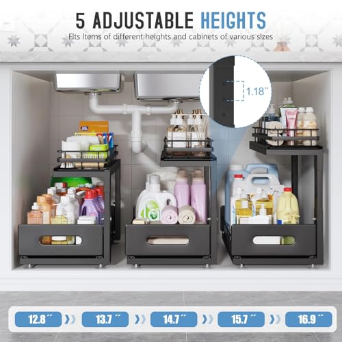 Image of Under Sink Organizer Upgrade To Professional Rails,2-Tier Dual Pull Out Cabinet Storage,Height Adjustable Slide Out Drawers For Bathroom Kitchen,2 Pack-16.7 inchDx12.8 inch-16.9 inchH,Black