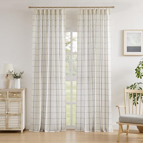 Vision Home Blue Plaid Linen Pinch Pleated Semi Sheer Curtains 40Wx108Lx2