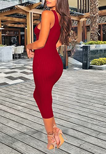 Image of YouSexy Women's Sexy Bodycon Ribbed Tank Dress Sleeveless Casual Party Club Midi Dresses