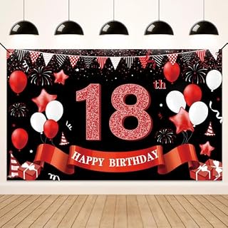Koliphy 18th Birthday Banner, 18th Birthday Decorations for Boys Girls, Black Red 18th Happy Birthday Backdrop Banner Background Party Decor Indoor and Outdoor