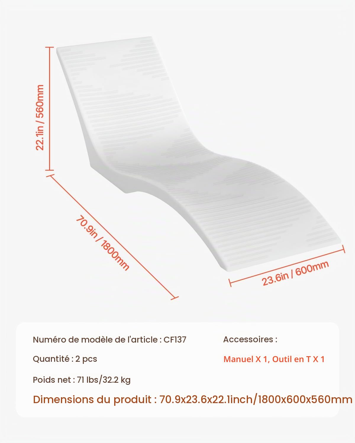 VEVOR Bain de Soleil, Lot de 2, Chaise Longue pour Profondeurs d'eau jusqu'à 12,7 cm, transat fixées dans Les piscines et flottantes sur l'eau, pour Bronzage au Bord de la Piscine et sur la terrasse