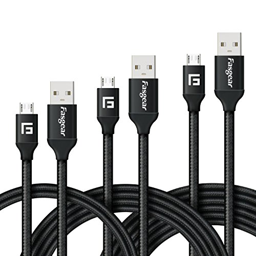 Micro USB Cables, 3 pcs (3.3ft,6ft,10ft) Fasgear Nylon Braided Tangle-Free Fast Charging data cable with Metal Connectors for Android, Galaxy S7/S7 edge, Nexus, Lumia, Sony and more (Black)