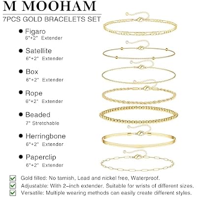 M MOOHAM 7PCS Gold Bracelets for Women - 14K Real Gold Plated Beaded Bracelets Set Rope Paperclip Chain Stackable Bracelet Non Tarnish, Friendship Birthday Jewelry Gifts for Women Teen Girls