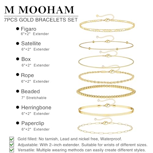 image for M MOOHAM Gold Bracelets for Women - Dainty 14K Gold Plated Layered Bea