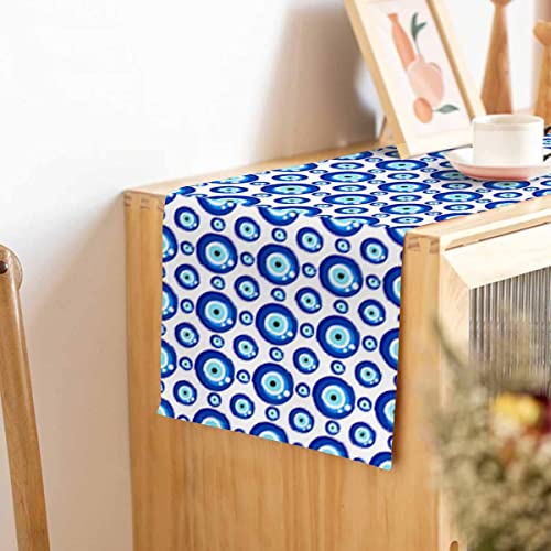 Hosnye HE-TABLE-A067 Runner Blue Evil Turkish Eye Bead Seamless Pattern,Cotton Linen Table Runner Decoration thumb #4