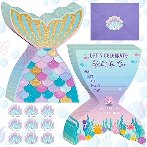 Hotop 24 Sets Mermaid Birthday Invitations with Stickers and Envelopes for Kids Girls Mermaid Party Invitations Cards for Birthday Baby Shower Party Favors Supplies 4x6 Inch