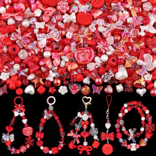 200-260PCS TINKRSTUFF Assorted Red Acrylic Beads for Bracelet Making Cute Beads for Jewelry Making Flower Bow Butterfly Candy GummyBear Aesthetic Bracelet Charms DIY Necklace Keychain Phone Charm