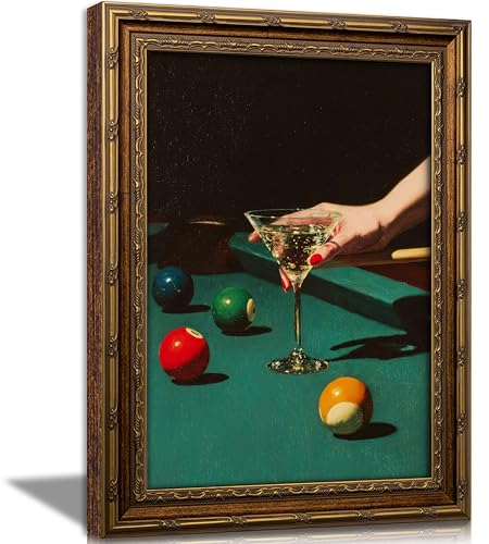 Vintage Gold Framed Bar Wall Art Retro Dive Bar Martini Pool Oil Painting Canvas Print Trendy Billiards Cocktail Picture Lucky 8 Ball Poster Artwork for Tavern Kitchen Dining Room