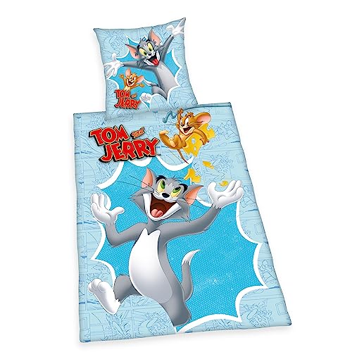 Herding Bettwäsche-Set, Tom & Jerry, Kopfkissenbezug 80 x 80 cm mit Knöpfen und Wende-Motiv, Bettbezug 135 x 200 cm, Mit Knopfverschluss, 100%...
