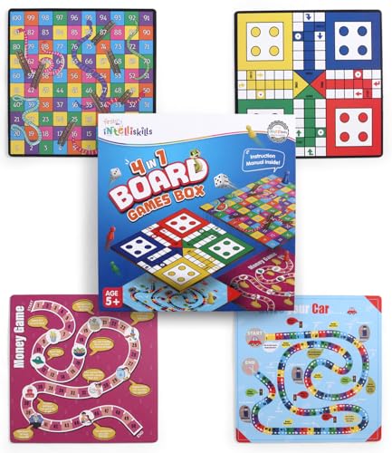 Image of Intelliskills 4-in-1 Classic Board Games for Kids, Ludo, Snakes&Ladders,Drive Your Car,Money Game, Fun Activity Learning Dice Game, Indoor Games for Boys&Girls for 5+ Years,BIS Certified,Birthday Gift