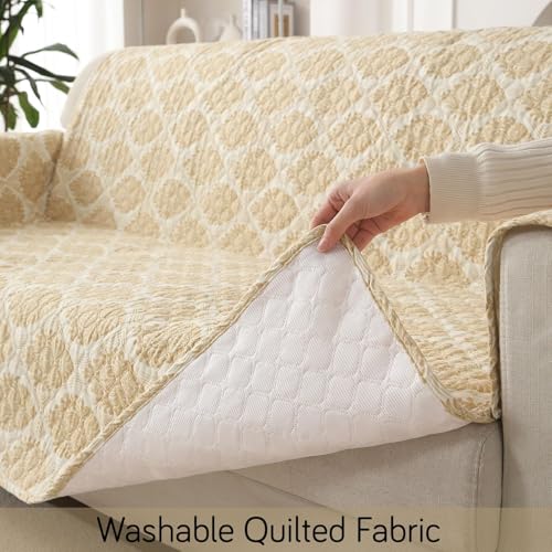 Image of HOKIPO 'VivaCasa Series' Polyester 3 Seater Quilted Sofa Cover with Pockets, Ogee Ivory (NEW-IN-742-D6)