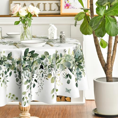 Image of Horaldaily Spring Tablecloth 70 x 70 Inch Round Green Eucalyptus Seasonal | Washable Table Cover for Party Picnic Dinner Decor