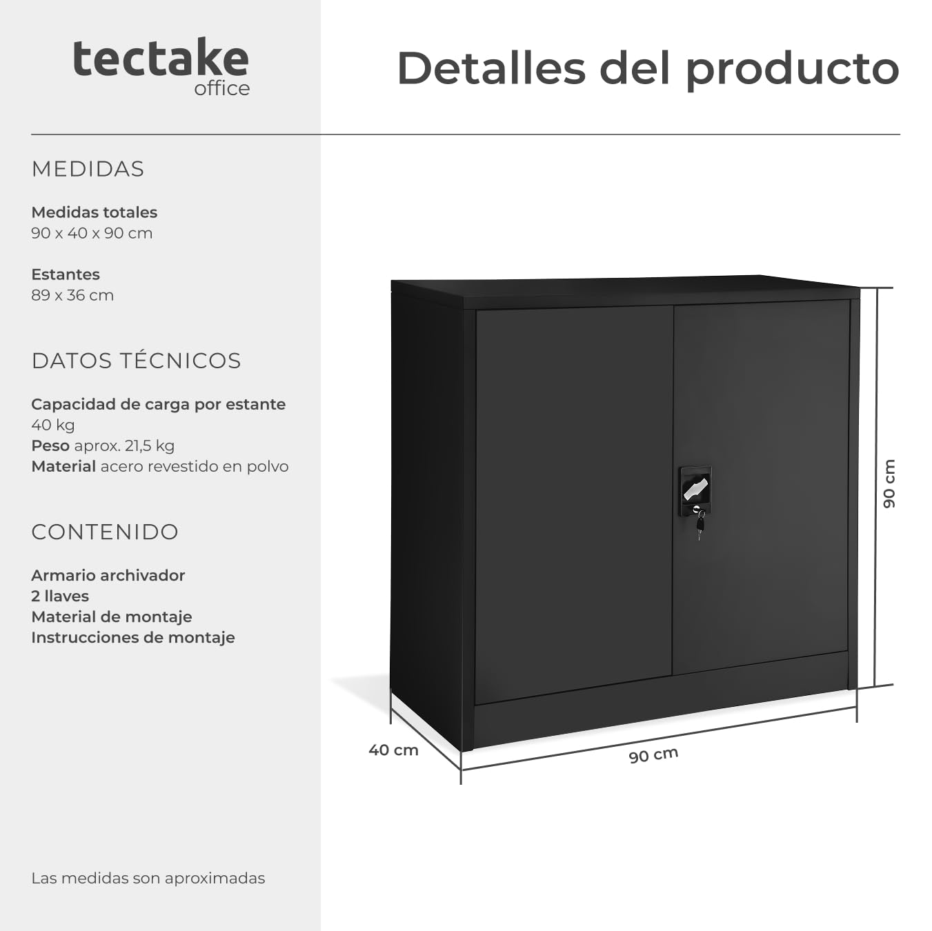 tectake® Archivador Bloqueable con 3 Cajones, Estantes Ajustables, Acero, Candado De Seguridad, Armario Metalico, Cajonera Escritorio, Armarios Metalicos, Estanterías Metálicas - 90x90x40cm Negro