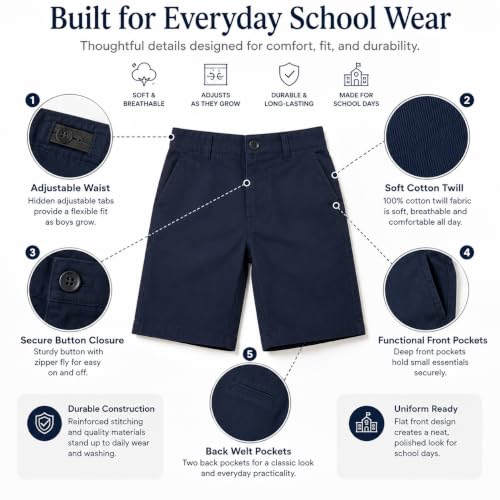 Image of Bienzoe Boys School Uniform Shorts: Flat Front Cotton Bermuda - Adjustable Waist - Breathable for Church Outdoor - Aged 4-13