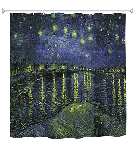 A.Monamour Duschvorhang Sternenklare Nacht Über Der Rhone Von Vincent Van Gogh Ölgemälde Druck Wasserdicht Polyester Duschvorhang Für Bad Badewanne Zubehör 180X200 cm / 72 