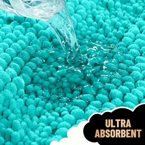 Image of OLANLY Thick Small Bathroom Rugs 24x16, Extra Soft Absorbent Chenille Striped Bath Rugs, Rubber Backing, Machine Wash, Bath Mats for Bathroom Floor, Tub and Shower, Home Decor Accessories, Teal