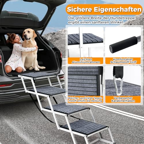 Hundetreppe Auto Für Große Hunde mit Teppich, Extra Breit 4 Stufen Hunderampe Auto Klappbar,Leichte Hunderampe Auto Klappbar, rutschfeste Hundetreppe für Lastwagen und SUV, Unterstützung bis 100 KG